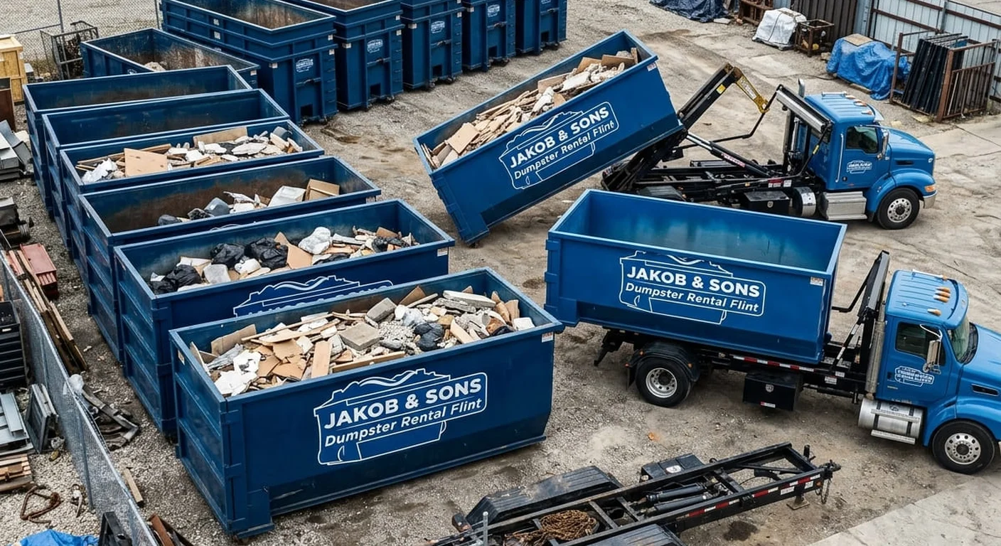 Jakob & Sons Dumpster Rental team talking through a commercial dumpster drop near the Flint yard