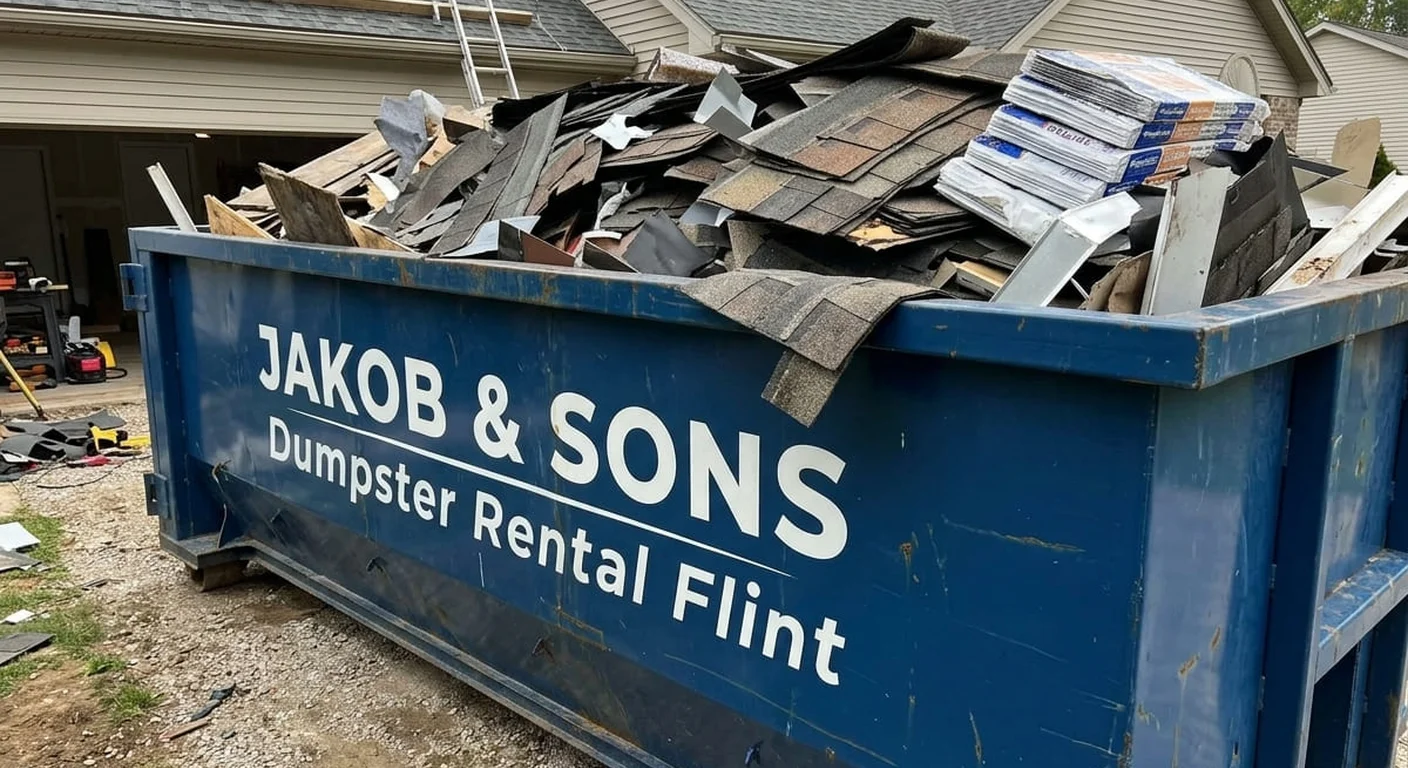 Jakob & Sons Dumpster Rental dumpster filled with real roofing tear-off debris in Flint