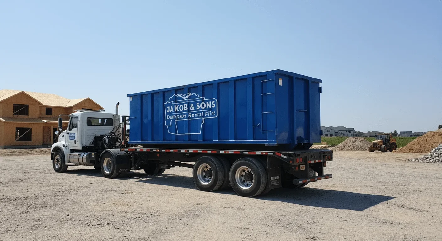 A Jakob & Sons Dumpster Rental dumpster delivered to an active job site in Flint Township, MI