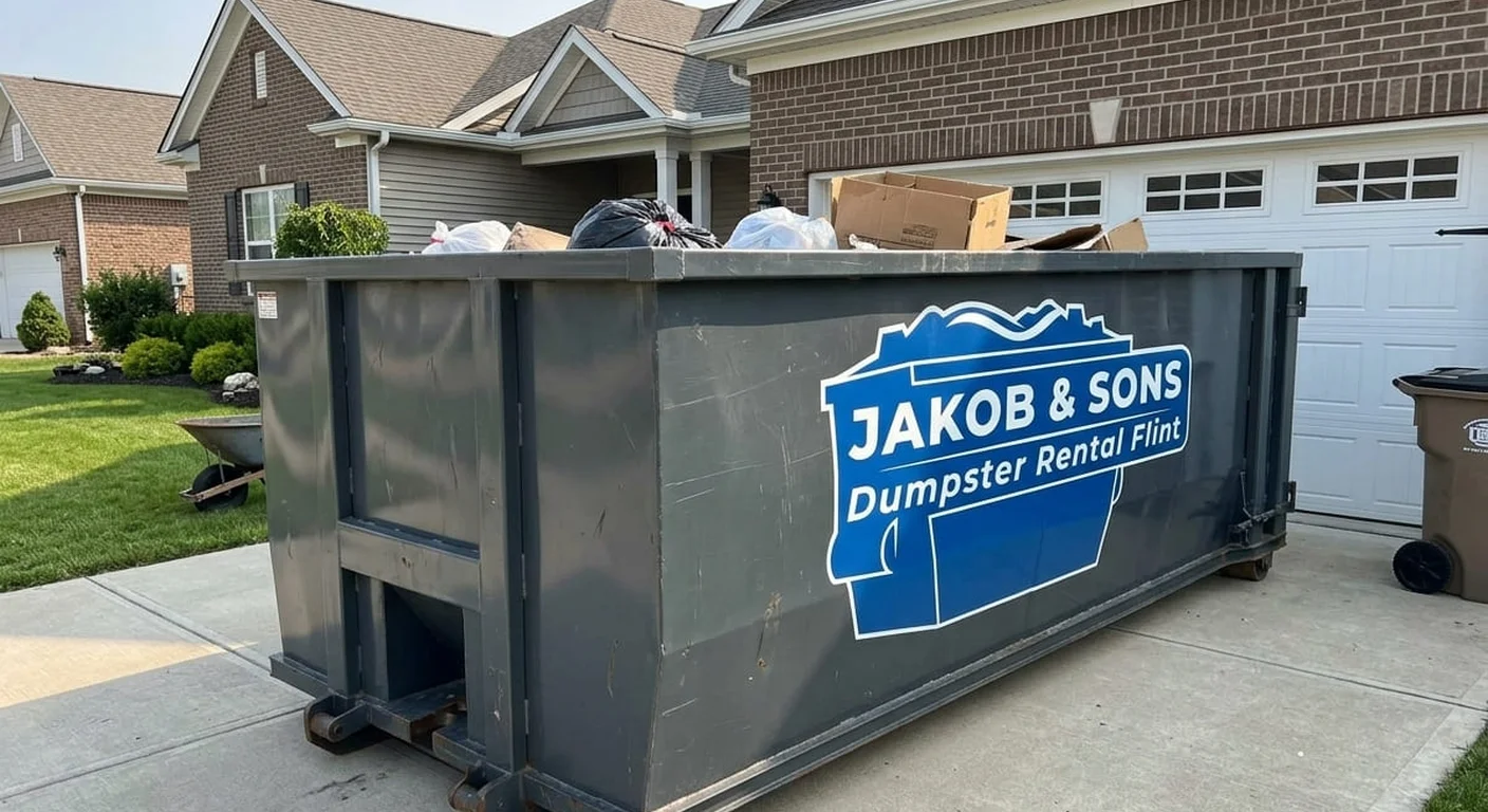 A Jakob & Sons Dumpster Rental roll-off dumpster staged for a job near Burton, MI