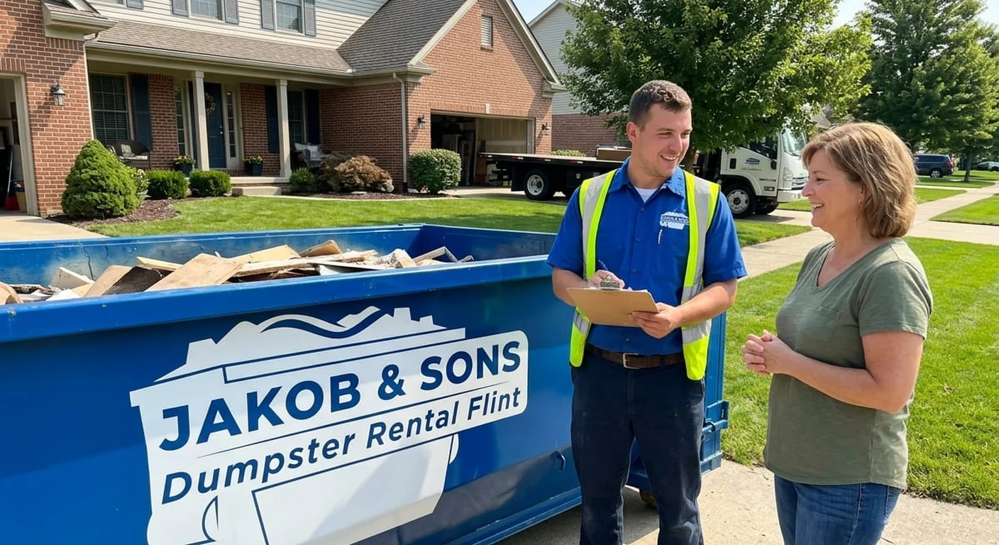 A Jakob & Sons Dumpster Rental driver talking through delivery details with a homeowner in a Flint driveway