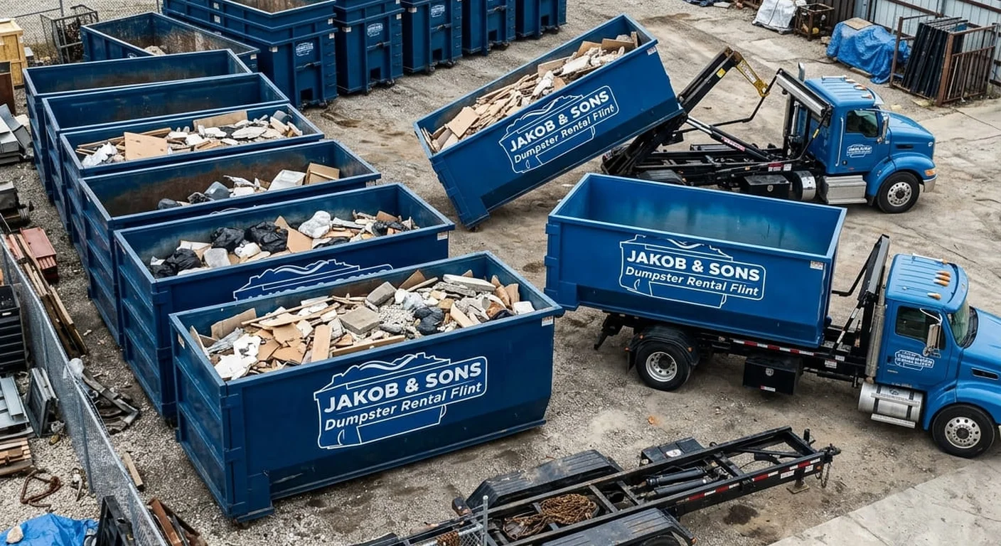 Part of the Jakob & Sons Dumpster Rental fleet, staged and ready for a job near City of Mount Morris, MI