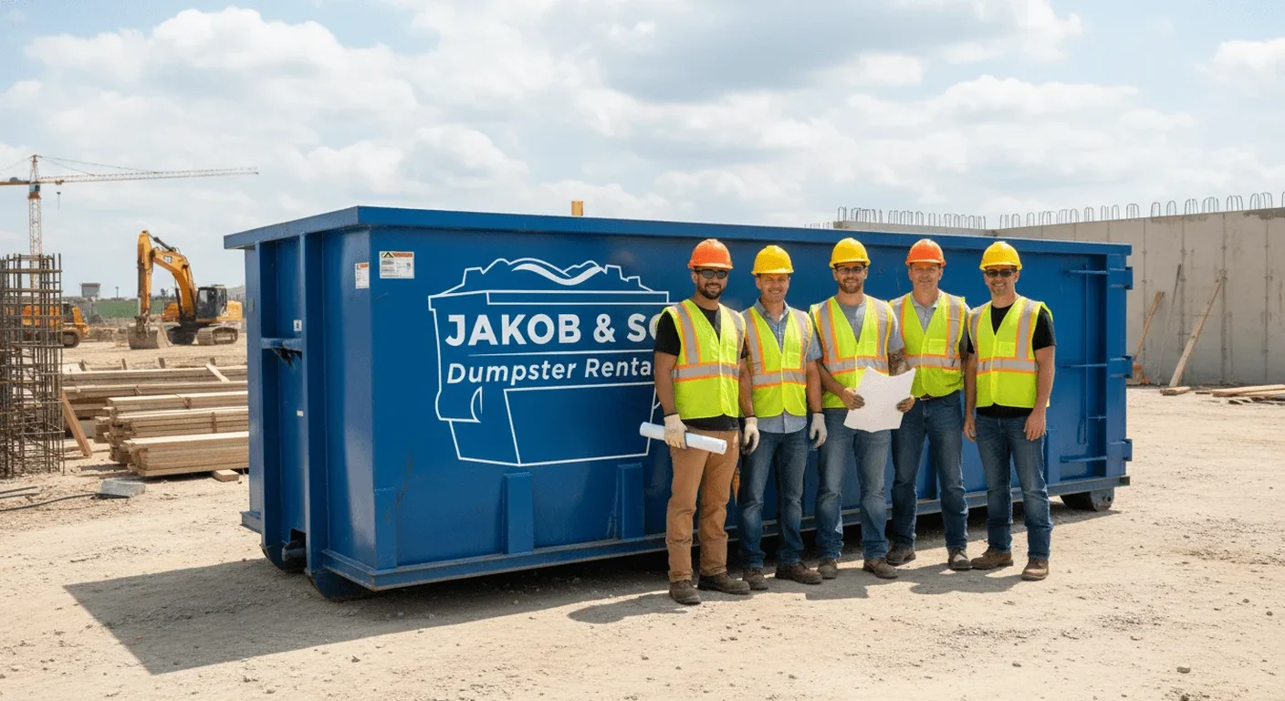 The Jakob & Sons Dumpster Rental team talking through a job near the company yard in Flint