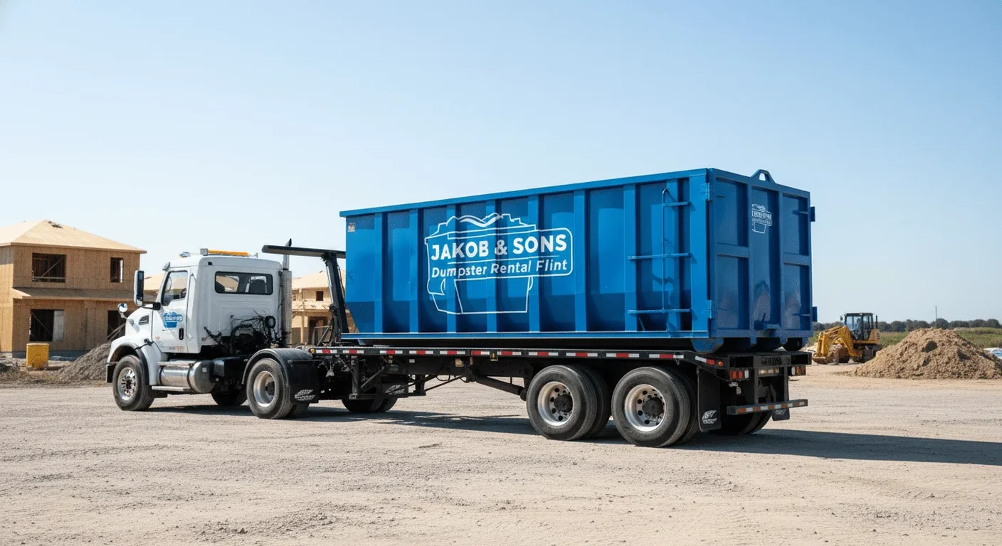 Jakob & Sons Dumpster Rental roll-off dumpster on a delivery flatbed, ready for drop-off in Flint