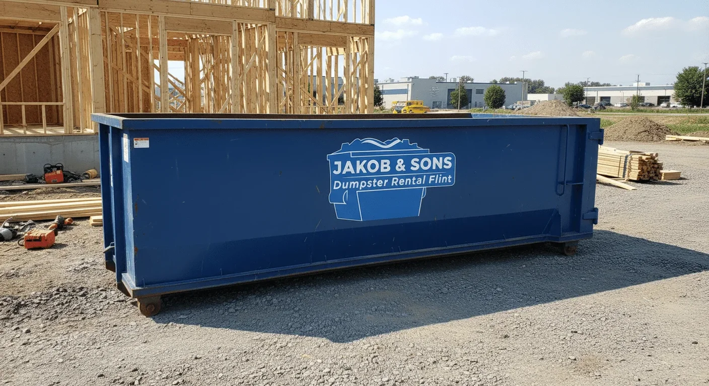 Jakob & Sons Dumpster Rental dumpster staged and ready for a yard-waste and seasonal cleanup in Flint